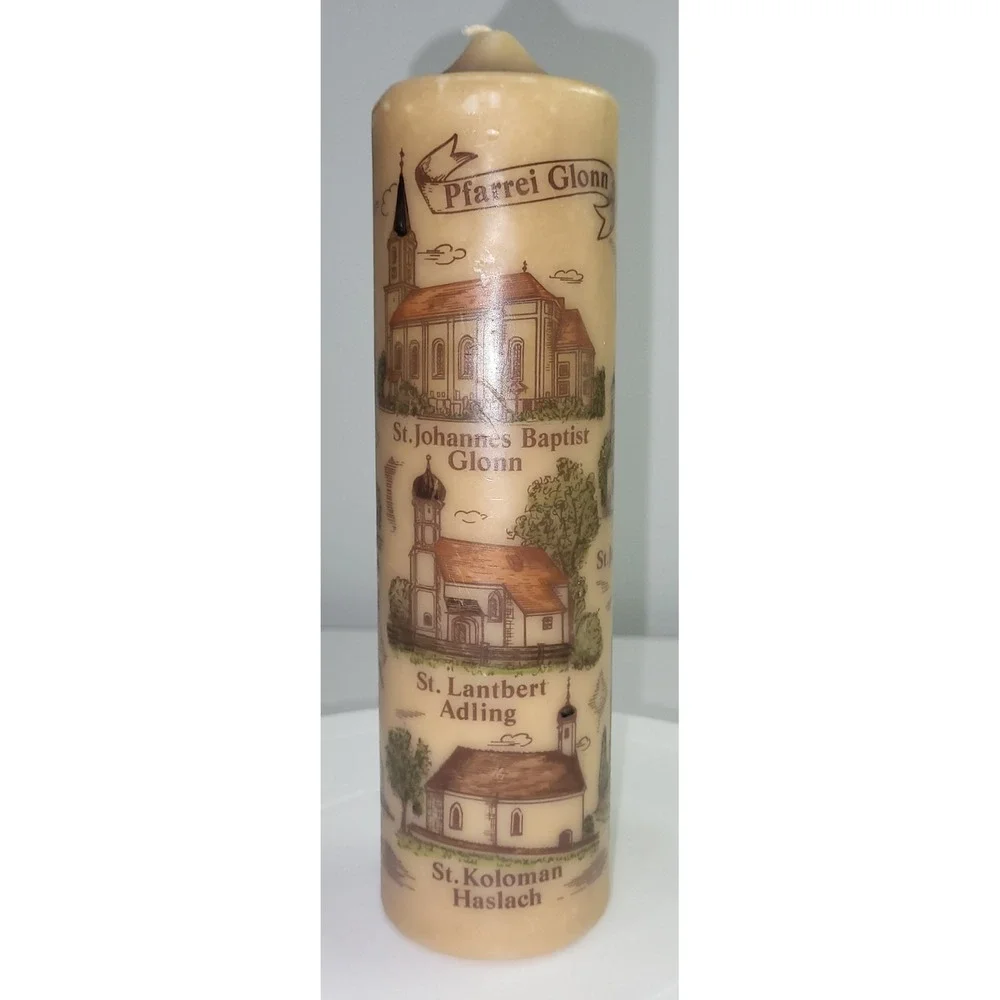 Vintage Pfarrei Glonn German Church Illustrated Pillar Candle Tan 8 Inch